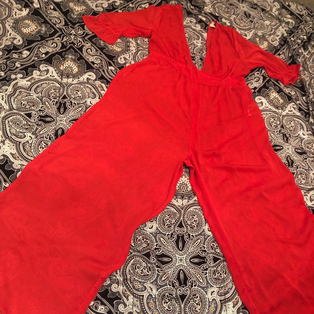 ASOS Design chiffon Plunge beach jumpsuit in red